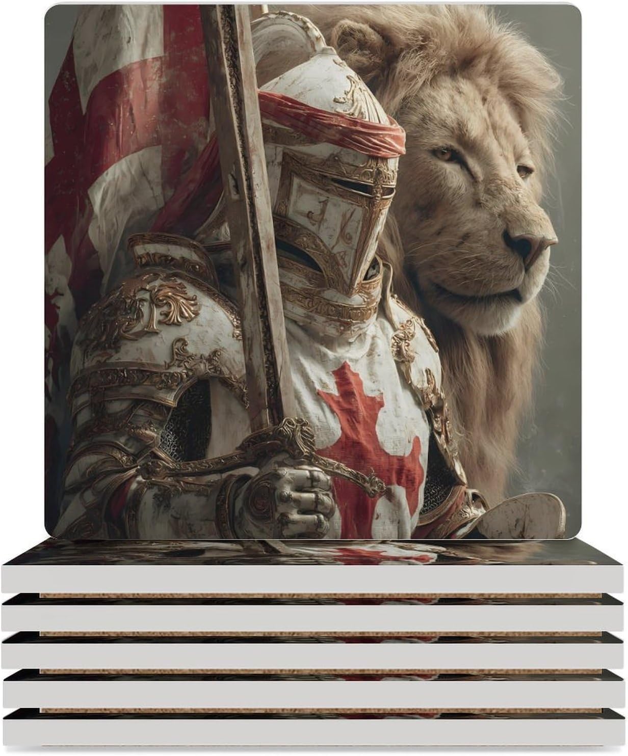 Knight1 and Lion Funny Ceramic Coasters for Drinks Absorbent Cup Holder Tabletop Protector with Cork Base