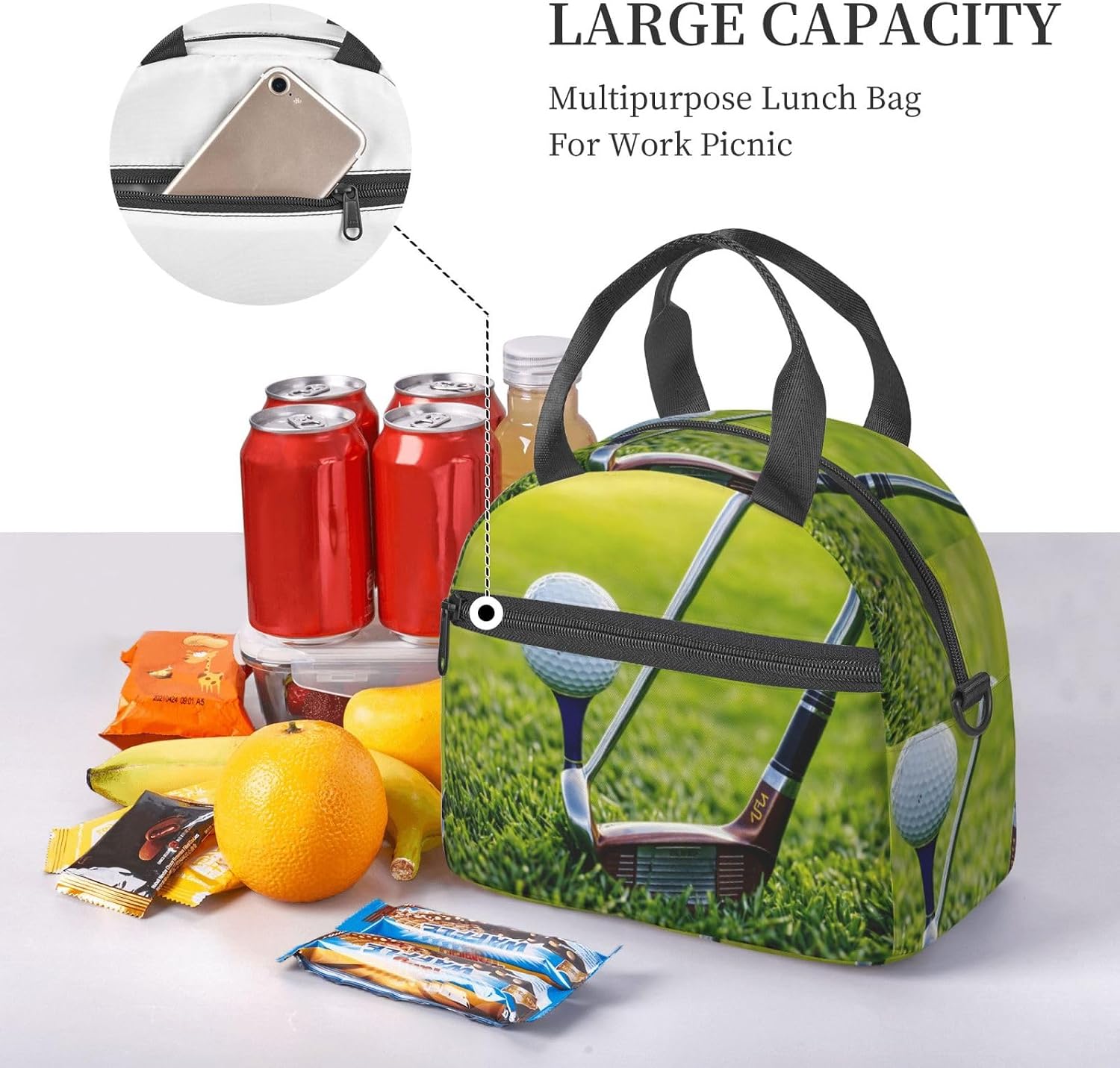 Golf Court Print Reusable Lunch Bag Insulated Lunch Boxes for Office Work Picnic Tote Bag Adjustable