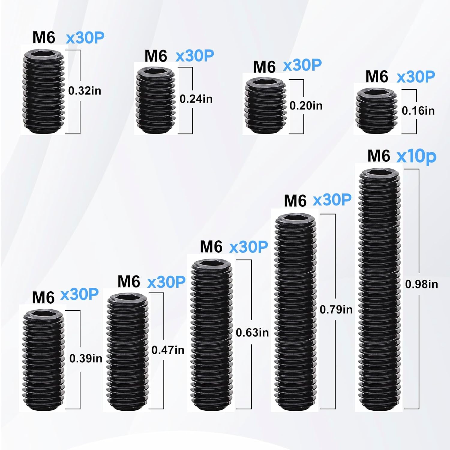 Grub Screws Assortment Kit, 250 Pcs Black Allen Head Hex Socket Grub Screw Set for Door Handle Screws Replacement，Light Fixture Screws（4/5/6/8/10/12/16/20/25mm） (M6)