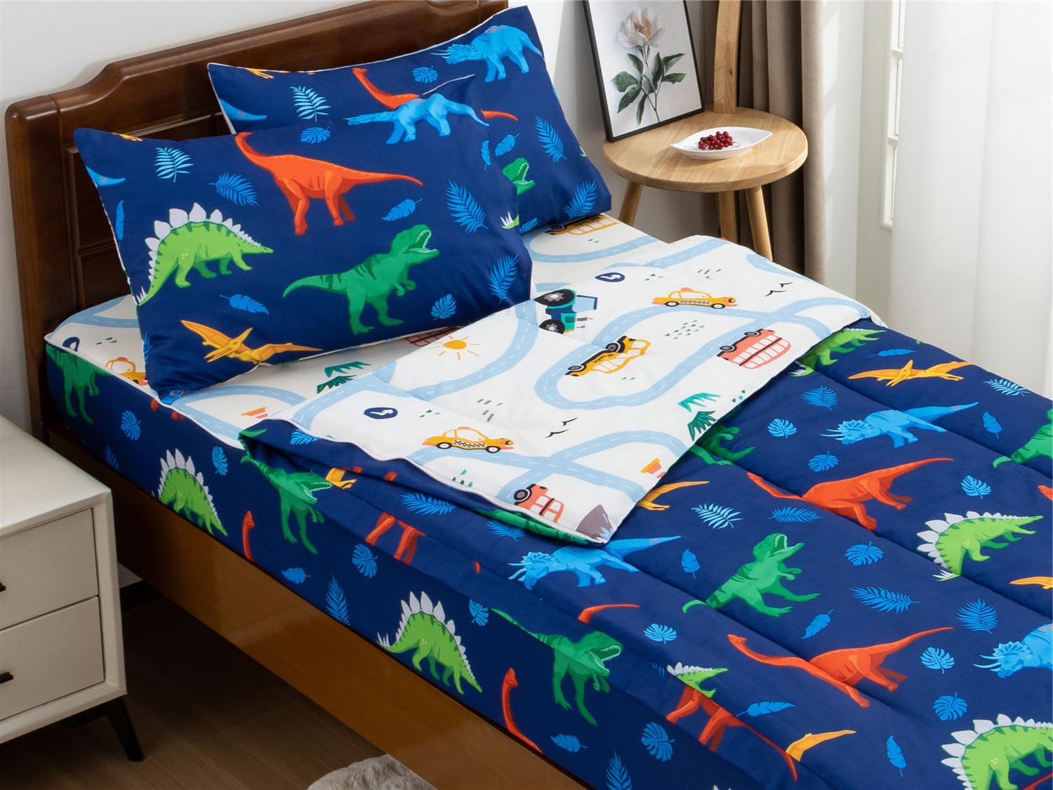 Parure de lit dinosaure lit simple drap-housse microfibre légère bleu
