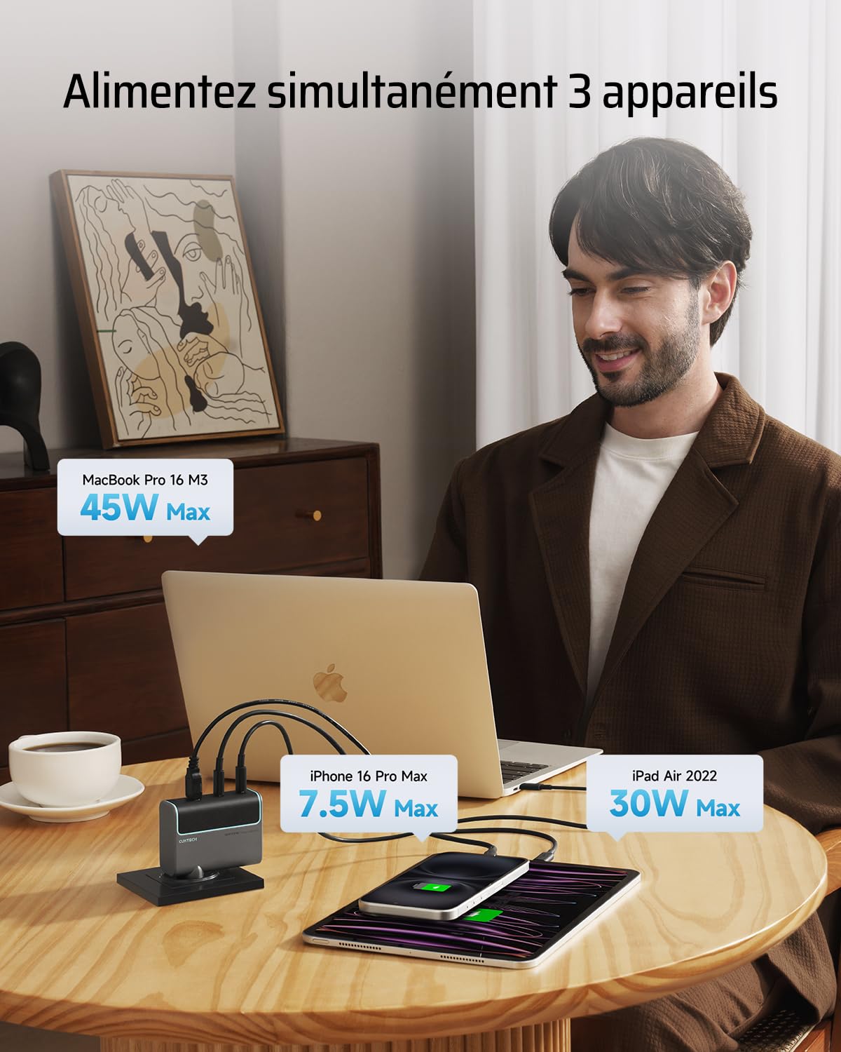 CUKTECH Chargeur USB C 100W, 3 Ports GaN III Tech et PPS PD3.0 Chargeur Rapide, Chargeur 100W USB C Rapide pour MacBook Air/Pro M4 M3, iPad Pro, iPhone 17/16, Samsung S24/S23, Xiaomi, Switch - Noir