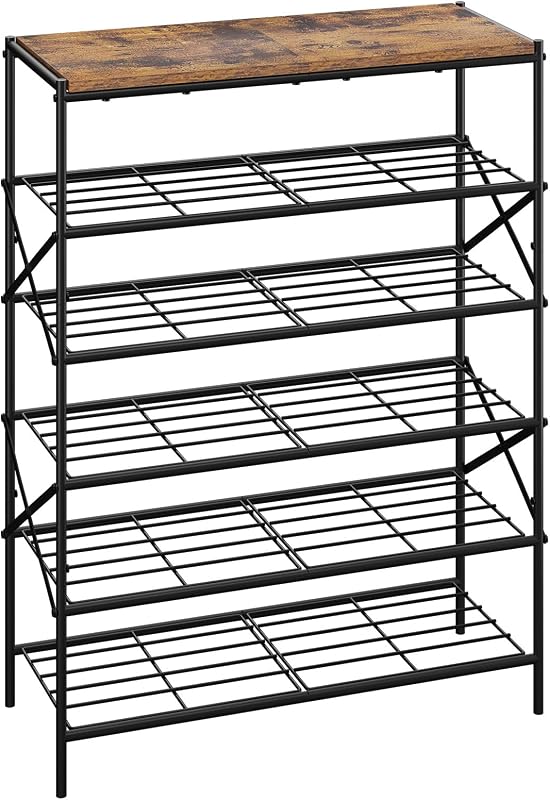 IBUYKE 6 Tier Shoe Rack, Large Capacity Shoe Storage Organizer for 24 Pairs of Shoes, Metal Shoe Storage Rack with Shelf for Entryway Hallway Closet Garage, Rustic Brown and Black TXJ016H