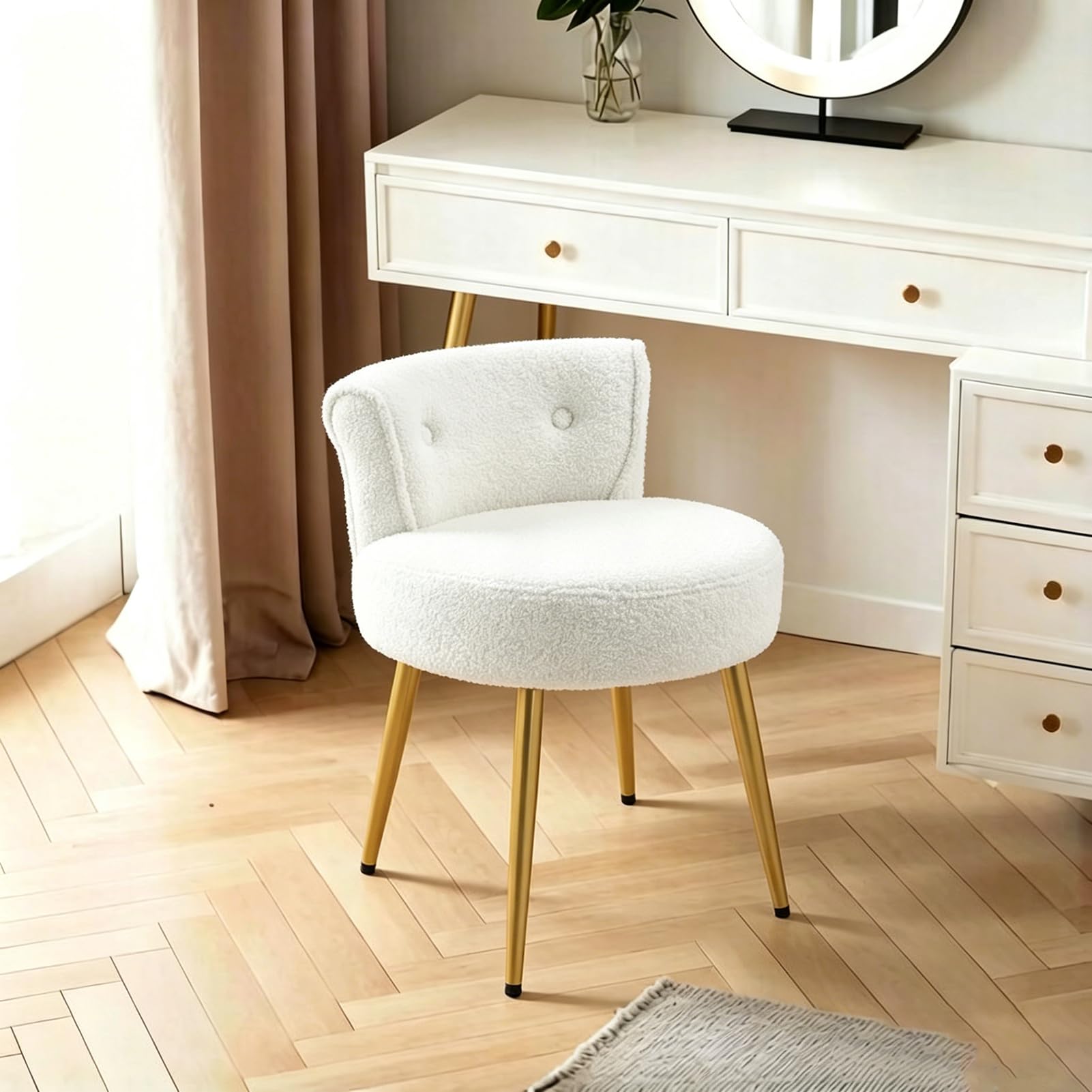 Warmiehomy Dressing Table Chair with Gold Legs, Teddy Velvet Makeup Vanity Chair for Dressing Table, Bedroom, Living Room, White