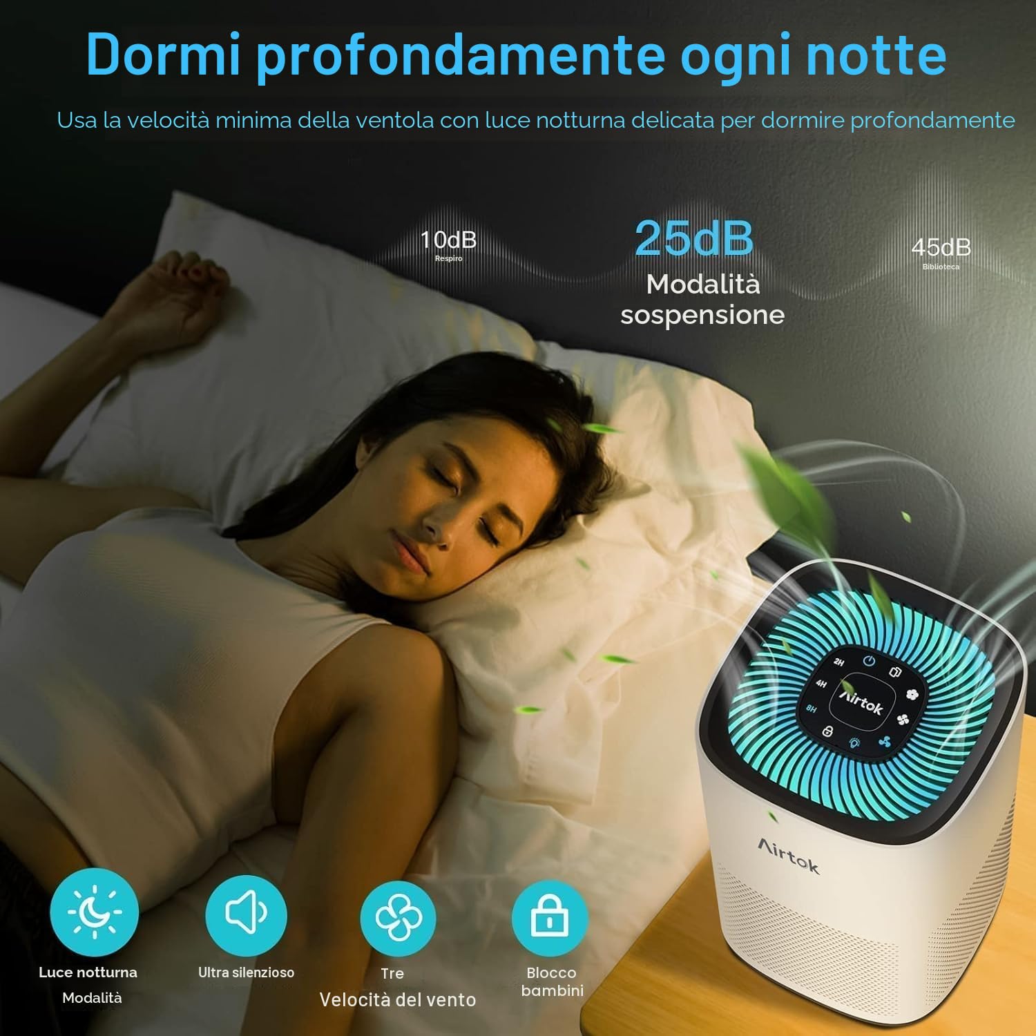AIRTOK Purificatore Aria, Copertura Massima 990 Ft² (92㎡), Filtro 13 HEPA Purificatore Aria Rimuove 99,97% di Allergeni Fumo Polvere Polline di Pet Odore, 3 Velocità, Timer, AP1001