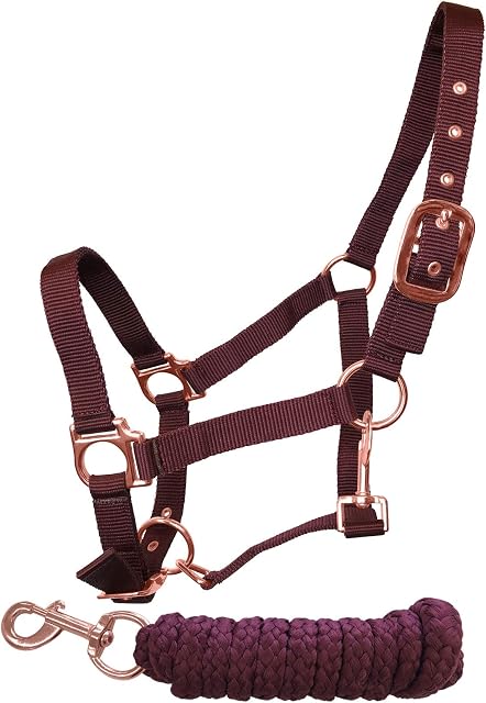 Tigerbox Burgundy Adjustable Nylon Horse Headcollar Lead Rope Set with Rose Gold Fittings - Small Pony