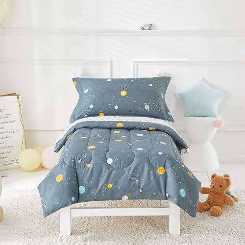 Miniatura 5 de Juego de ropa de cama para niños con diseño de planeta espacial gris y verde, incluye adorable edredón acolchado, sábana bajera, sábana superior y