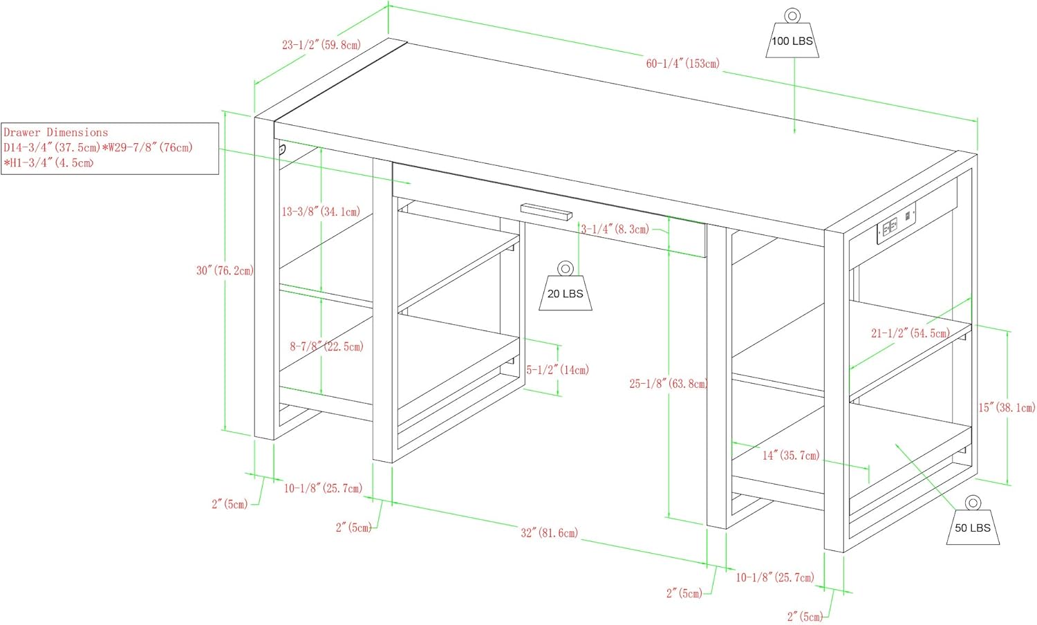 Detailed diagram showing the dimensions and various components of the Walker Edison Industrial Wood Computer Desk, including weight capacities for different sections.