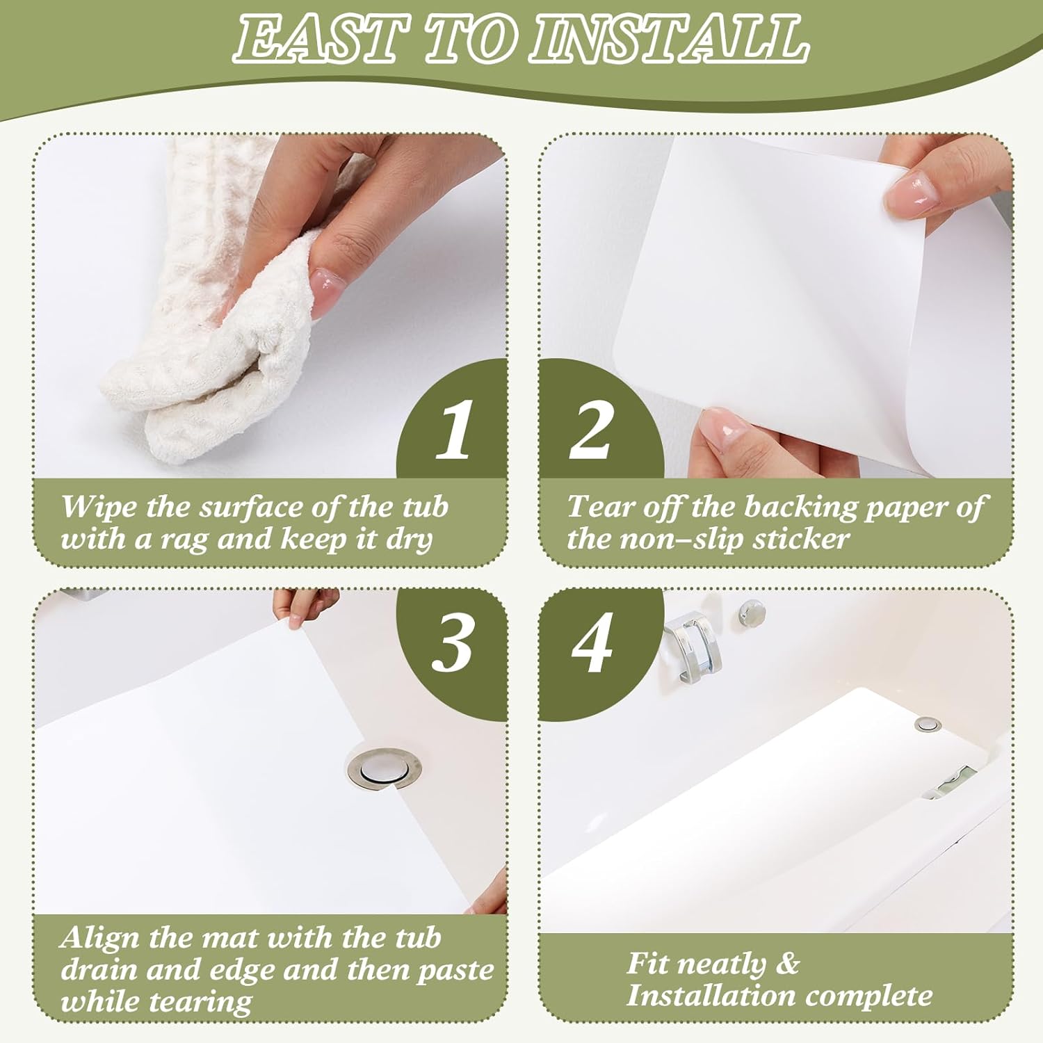 Colingmill 16" x 40" Non Slip Bathtub Mat for Tub Peel and Stick Adhesive Vinyl Anti Slip Non Skid Safety White Bath Mat Sticker with Drain Cut Out for Shower Floor Boat Wet Areas