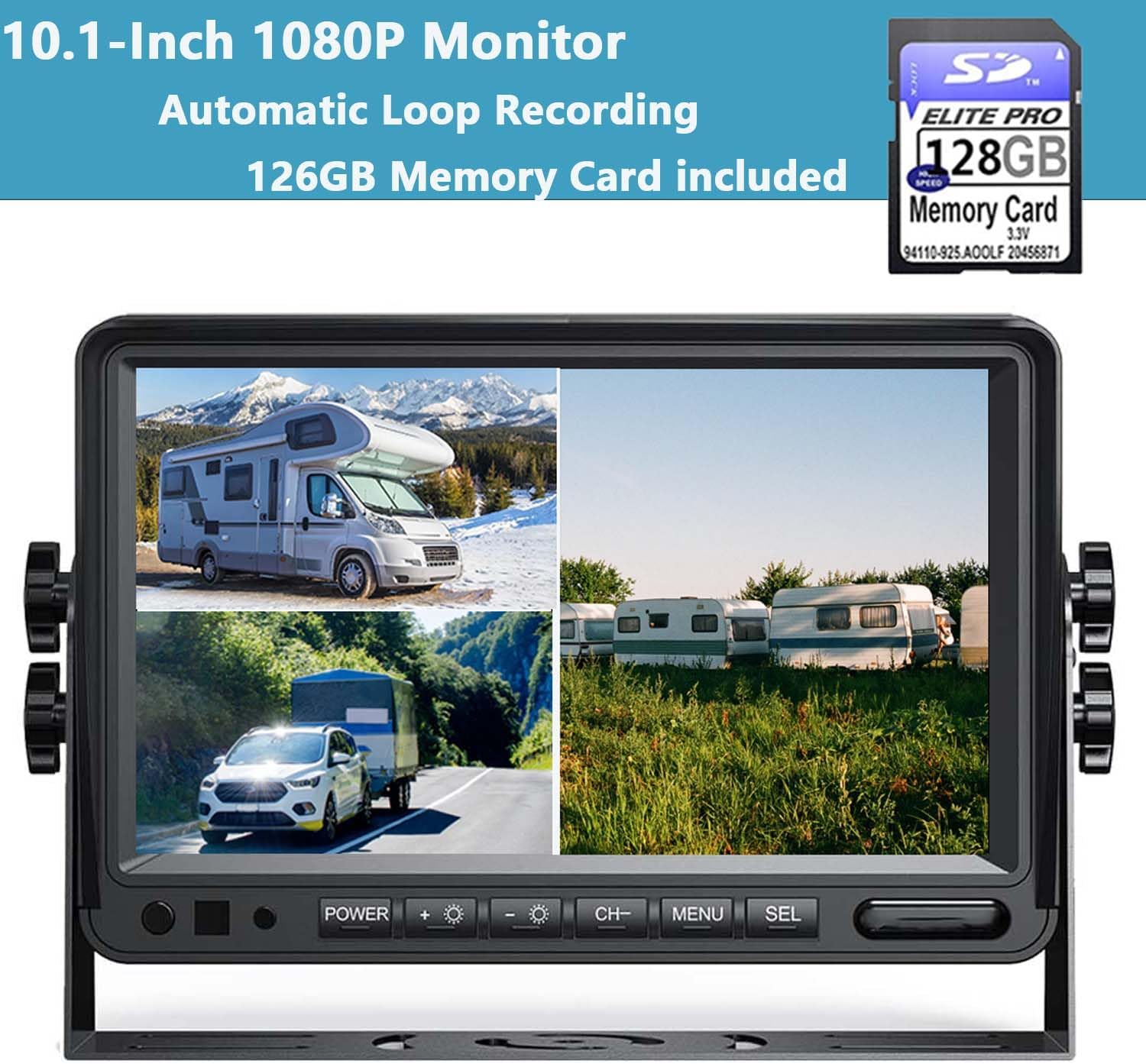 Compatible with Pre-Wired Furrion System Wireless 10-Inch 3 Split 128GB Large Audio Screen 1080P Backup Camera Monitor & Built-in DVR Video RV Truck Trailer Class A B C Motorhome Camper Vision S 11