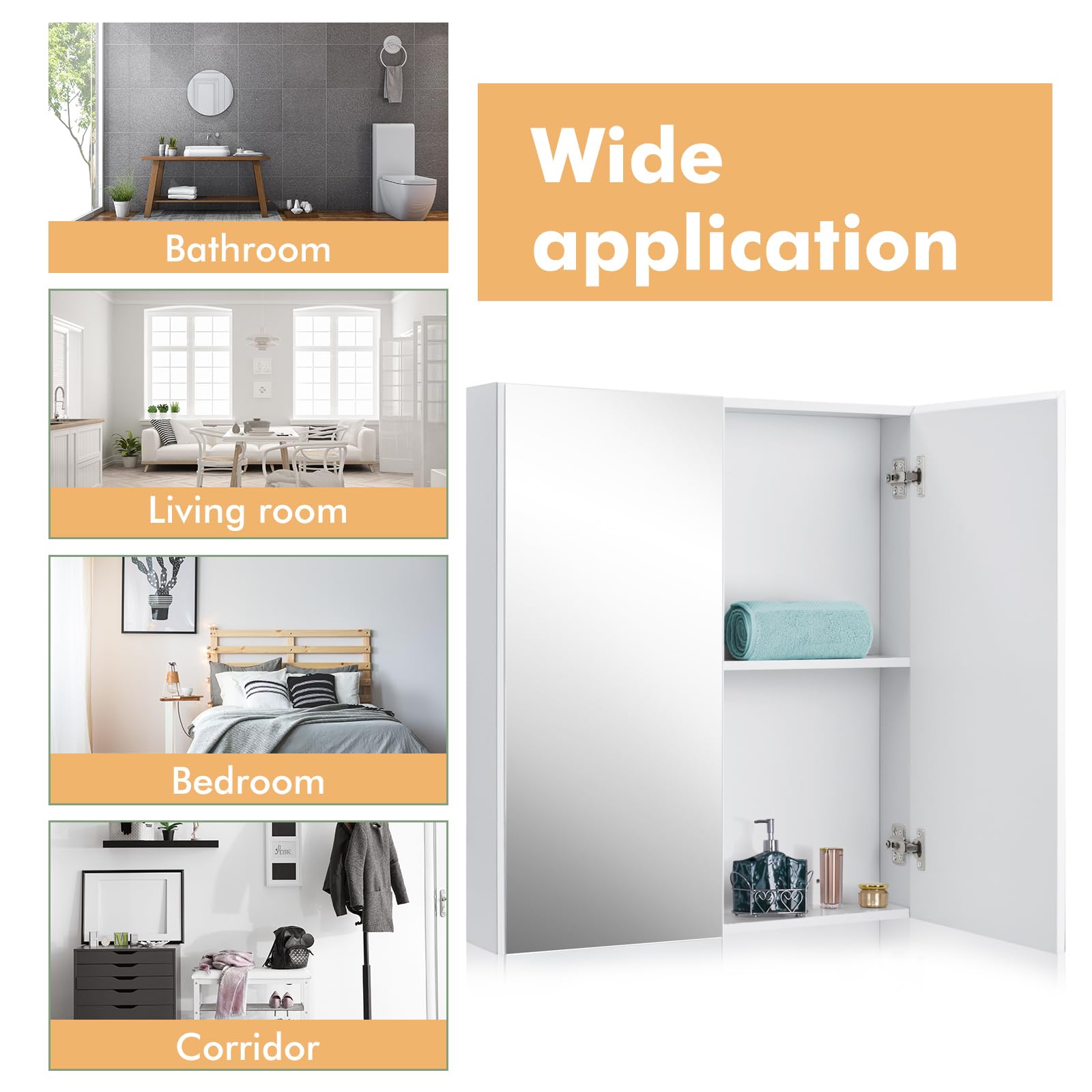 LIFEZEAL Armoire avec Miroir de Salle de Bain, Armoire Murale avec 2 Portes et 2 Étagères, Meuble WC Suspendu, 62 x 11,3 x 65 cm, pour Salle de Bain, Chambre à Coucher (Blanc)