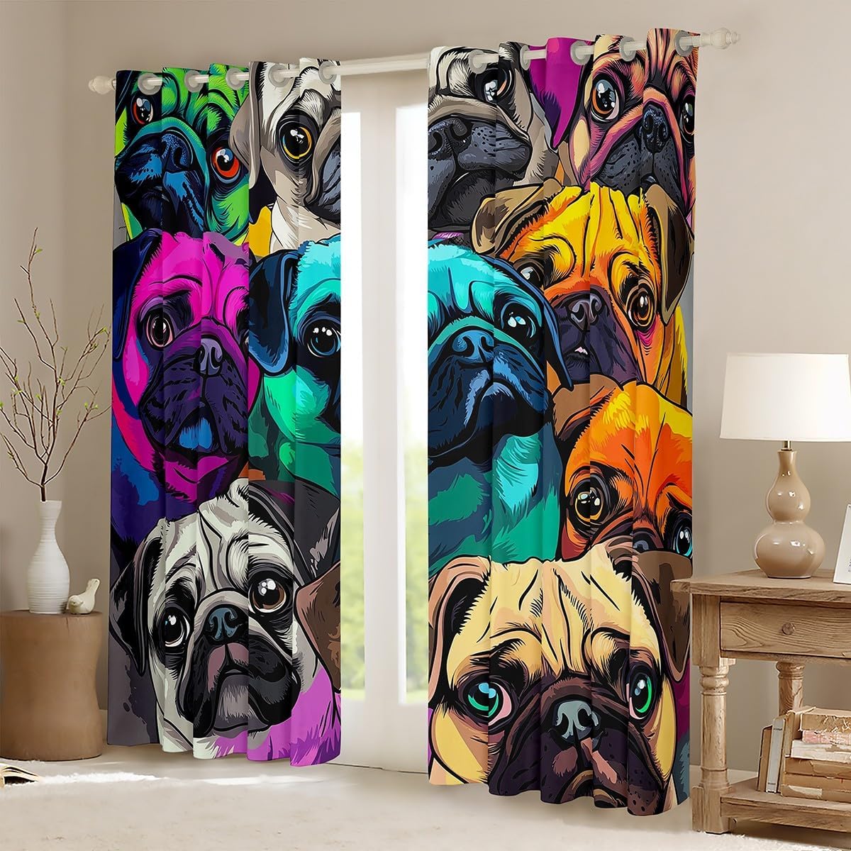 Erosebridal Pug Window Curtains Lovely Pug Dog Window Drapes Colorful Pugs Curtain Panels for Kids Boys Girls Cartoon Pet Animals Window Treatments Living Room Decor 42W x84L Child Room Decor