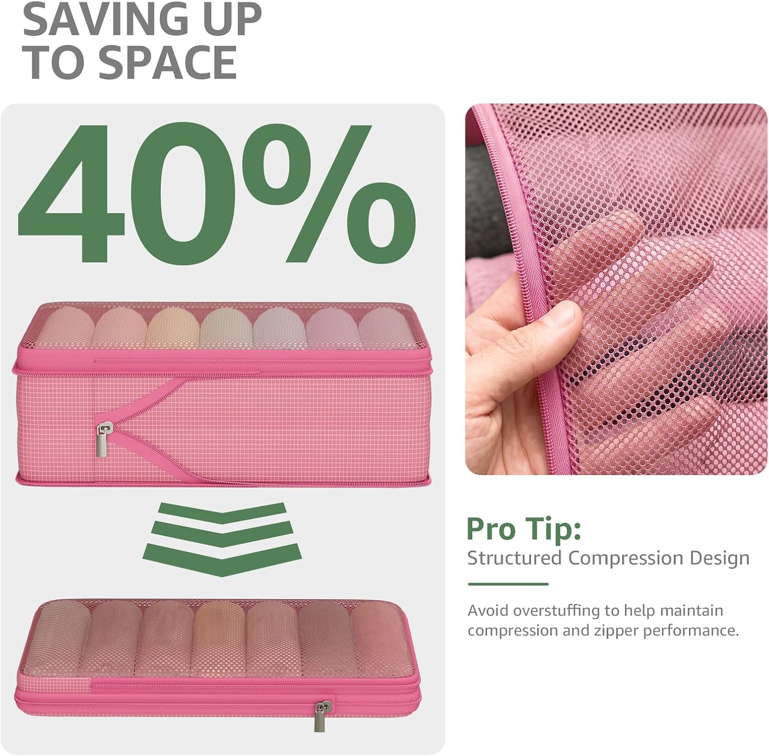 7 Set Compression Packing Cubes for Travel Essentials Suitcase, Collapsible Mesh Packing Cubes for 20-22 inch Carry On Luggage, Expandable Travel Packing Organizers with Laundry Shoe Bag(Pink) image 4