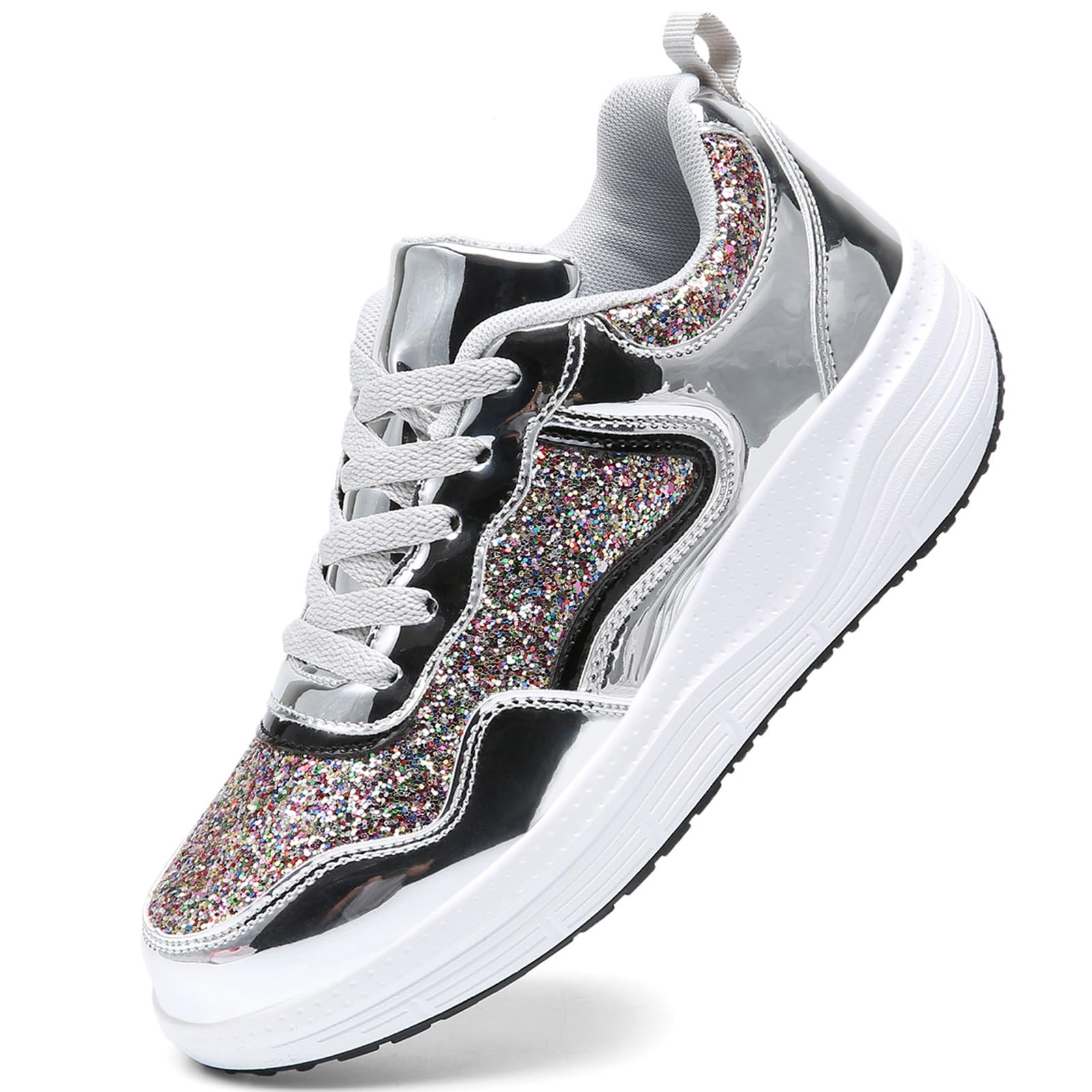 WUIWUIYU Women's Girls' Wedge Platform Shiny PU Sparkly Sequins Glitter Lace-Up Sneakers Street Dance Shoes