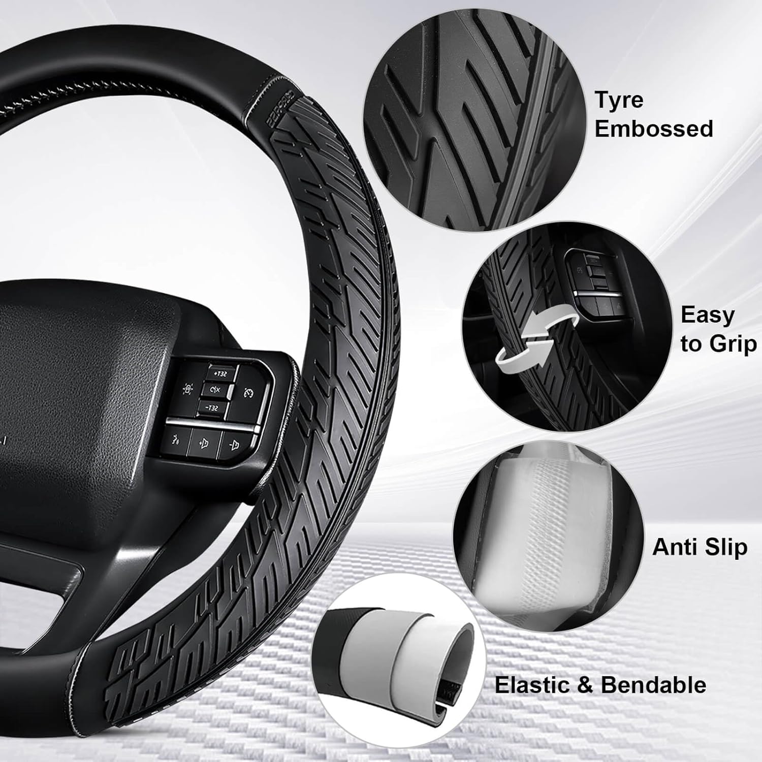 CAR PASS Leather Rubber Steering Wheel Cover Combo Set Universal Fit for Truck SUV Car Ram F150 Tundra 4Runner Tacoma Mobile Phone Holder Anti-Slip Heavy Duty Tire Tread Large-Size 15.5"-16" Black