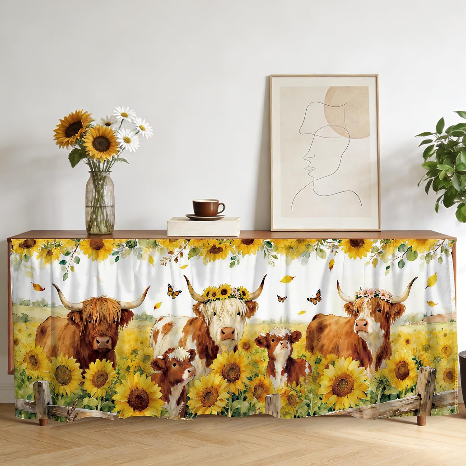 Sunflowers Cabinet Curtains Butterflies 51.2 Inch Long Sink Skirts Curtain for Kitchen Highland Cattle Cabinet Curtains for Bedroom Bathroom Laundry Room