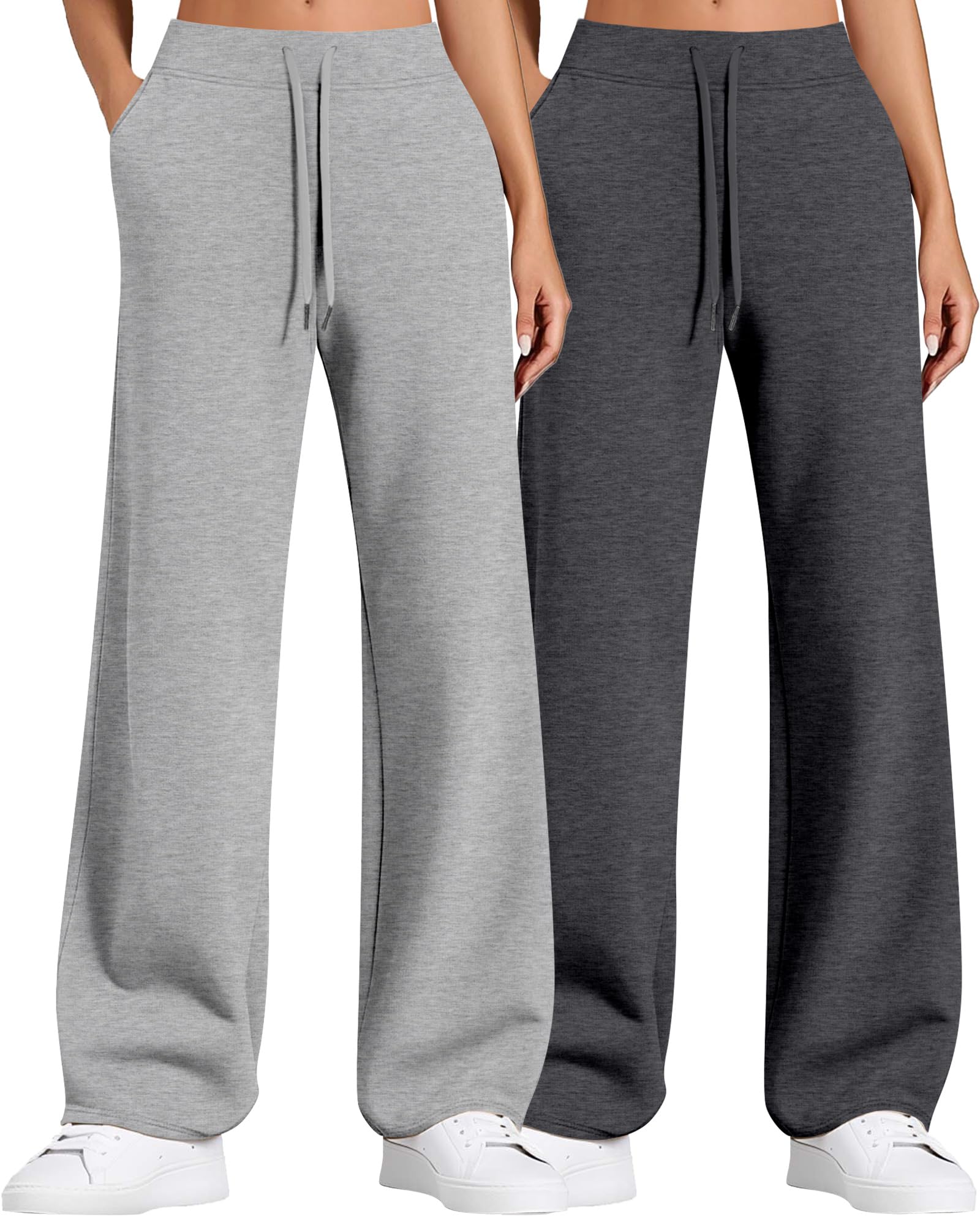 Locoowai 2 Pack Women Sweatpants Drawstring Waist Loose Yoga Baggy Joggers Casual Wide Leg Pants with Pockets