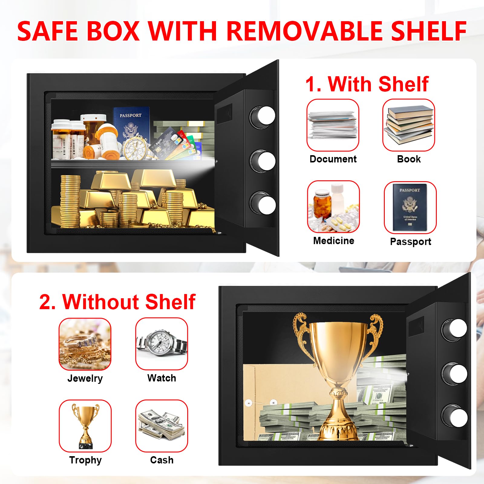 Caja fuerte pequeña de 1.2 pies cúbicos para el hogar, resistente al fuego e impermeable, antirrobo, ignífuga, con teclado digital, llaves de repuesto y estante extraíble, caja fuerte personal para el