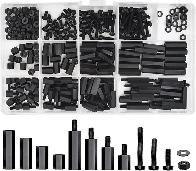 PXRLMYF 260Pcs Nuts and Bolts Assorted Set Standoff Screw Nut Assorted Assortment Kit in Plastic Box Black M3 Threaded Spacer for PCB Board DIY Use, 19x10x2cm