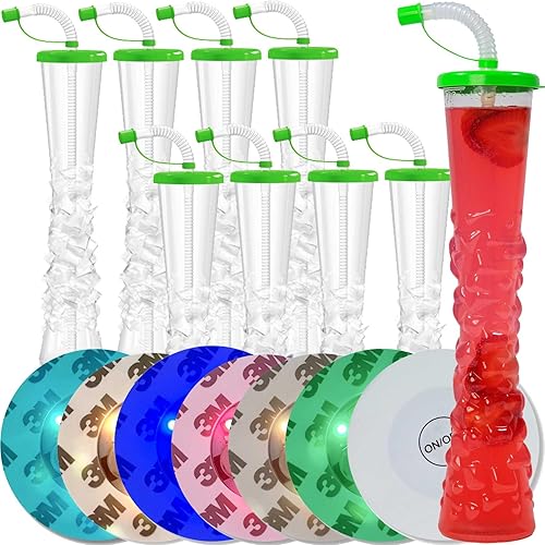 Sweet World USA Vasos LED Glow Ice para fiestas, 17 onzas (caja de 54), tazas transparentes con tapas y pajitas (verde lima con posavasos LED)