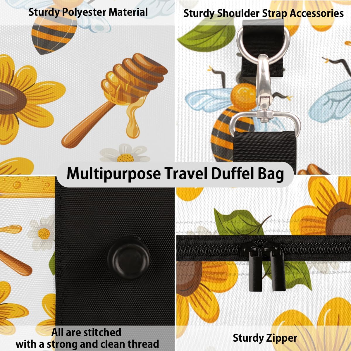 Flower Bee Honey Travel Duffel Bag for Women Men Large Capacity Overnight Weekender Bags for Lightweight Waterproof Sport Gym Bag for Workout Yoga Swim