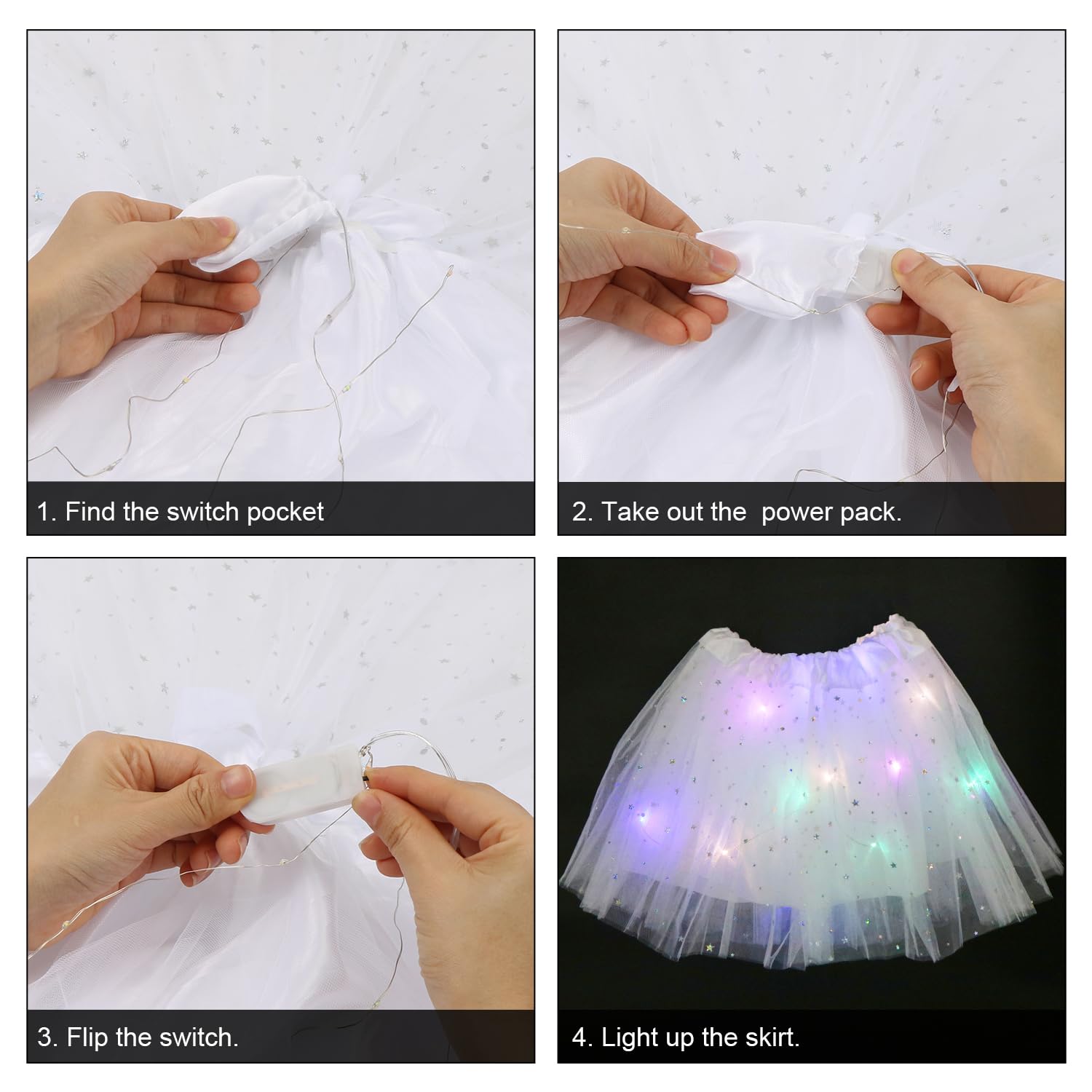 Wishstar Spódnica tiulowa dla dziewcząt, gwiazdy cekiny sukienka do tańca, 30 cm elastyczna mini spódnica z diodami LED, dla dziewczynek spódniczka baletowa na karnawał Halloween, sukienka baletowa