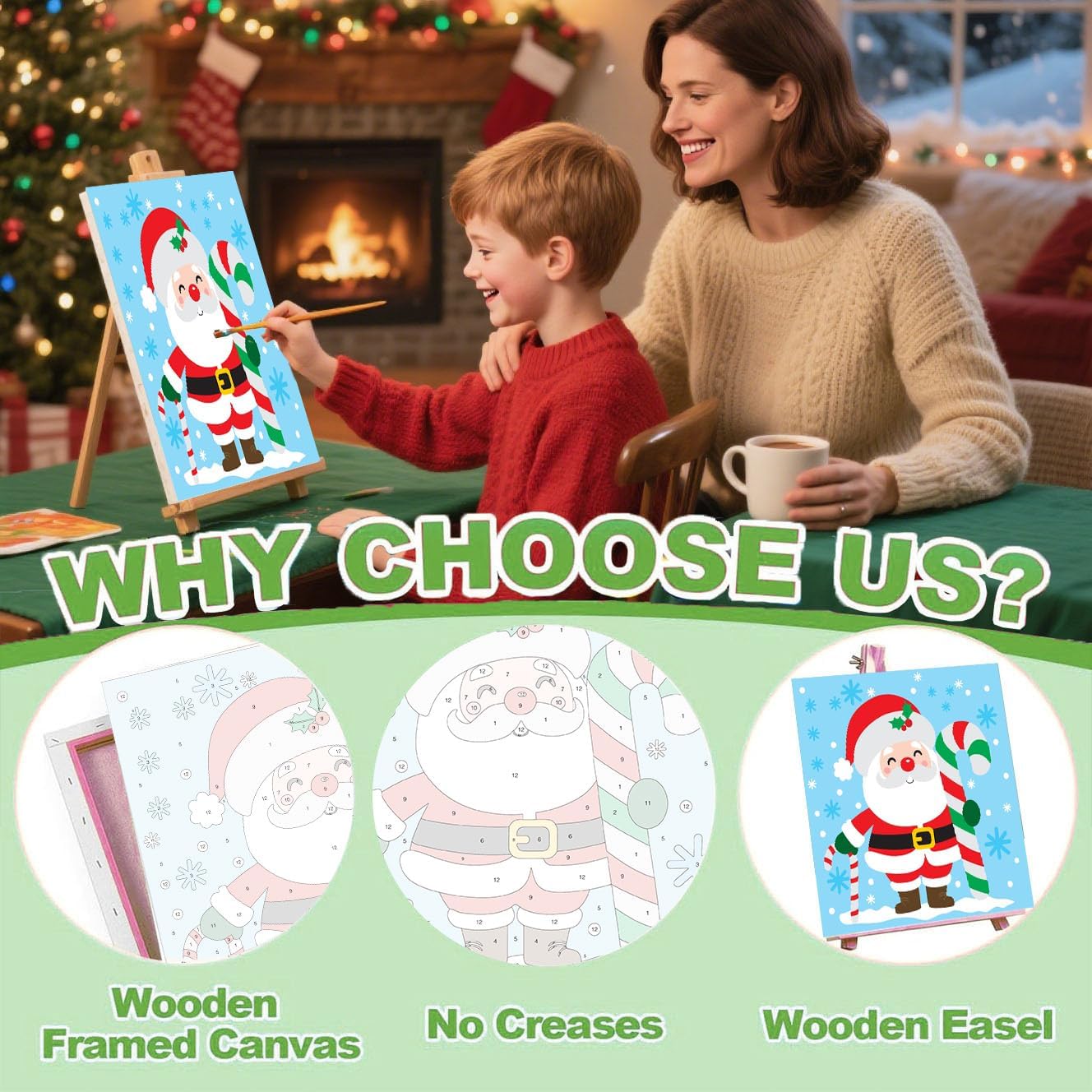 cviokrdu Christmas Paint by Numbers Kit for Kids with Frame - Wooden Easel, Christmas Paint by Numbers for Kids Ages 4 8 12, Easy Acrylic Oil Painting Kits for Home Wall Decoration 8x8 inch