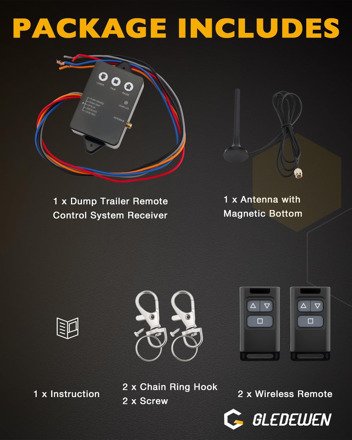 Wireless Dump Trailer Remote Kit, 12 Volt Hydraulic Lift Winch Tilt, Hydraulic Cordless Control System, Dump Trailer Wire-Free Controller 3 or 4-Wire, 50-100ft Operating Range, w/ 2 Remotes
