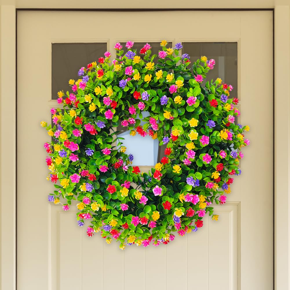 JOYWU 18 Inch Spring Summer Wreath - Green Eucalyptus With Purple Pink Flowers, Farmhouse Door Decor