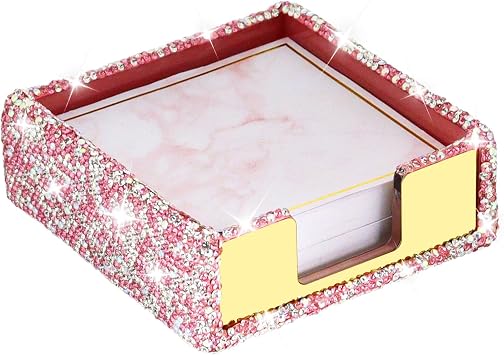 Buqoo Pink Rhinestone Self Stick Note Pad Holder, Acrylic Post It Note Dispenser Desk Organizer, Bling Crystal Handmade Diamond Memo Pad Holder Dispenser Organizer for Home School Office Desk Supplies