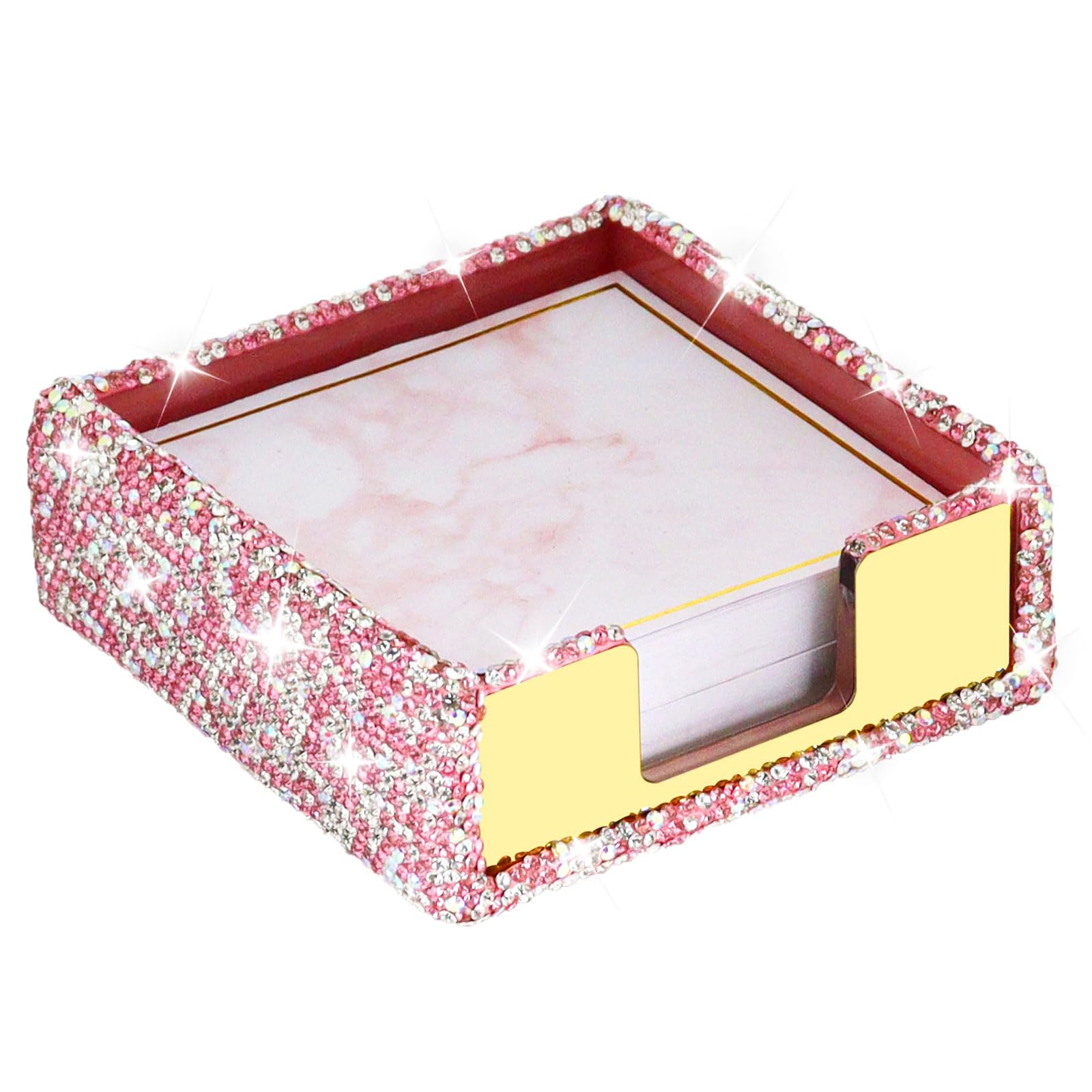 Buqoo Pink Sticky Note Holder, Bling Crystal Rhinestone Self Stick Note Pad Holder Dispenser for School Home Office Desk Accessories Supplies
