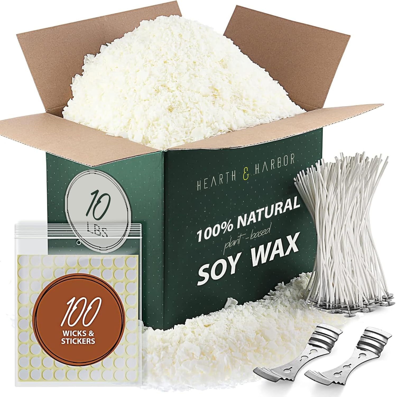 Hearth & Harbor 10 lbs Organic Soy Candle Wax Flakes - Natural Paraffin-Free Kit with Wicks, Stickers & Centering Devices for Easy Candle Making