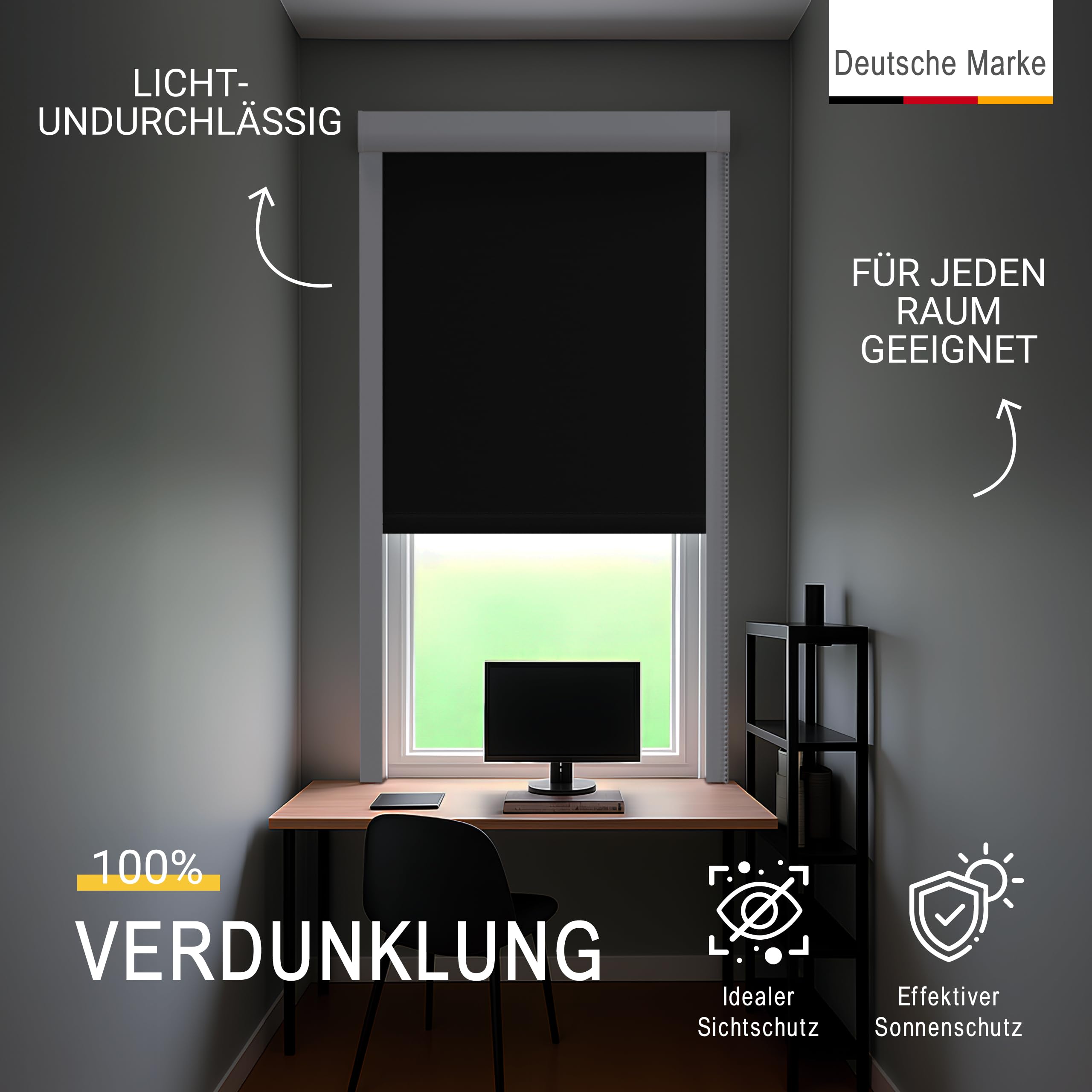 Sol Royal Kassettenrollo mit Führungsschiene Blackout Thermorollo Bohren | 100x175cm Schwarz seitliche Führungsschienen Verdunkelungsrollo 100cm breit Befestigung Verdunklungsrollo SolReflect K24