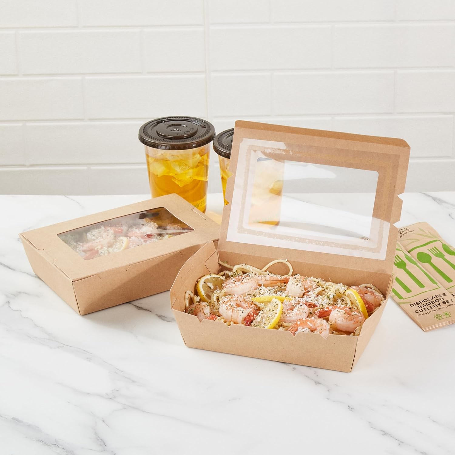 Restaurantware-Cafe Vision 42 Ounce To Go Boxes, 200 Take Out Food Containers With Window - Hinge Lock, No Grease, Kraft Paper Lunch Boxes, Disposable, For Lunch Or Desserts
