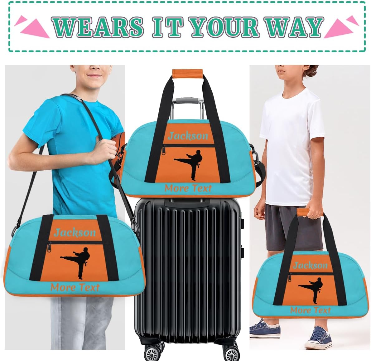 Personalized Sport Duffle Bag for Boys, Custom Kids Gym Bag with Name, Fit School Practice, or Overnight Weekender Travel Cyan Martial Arts Male