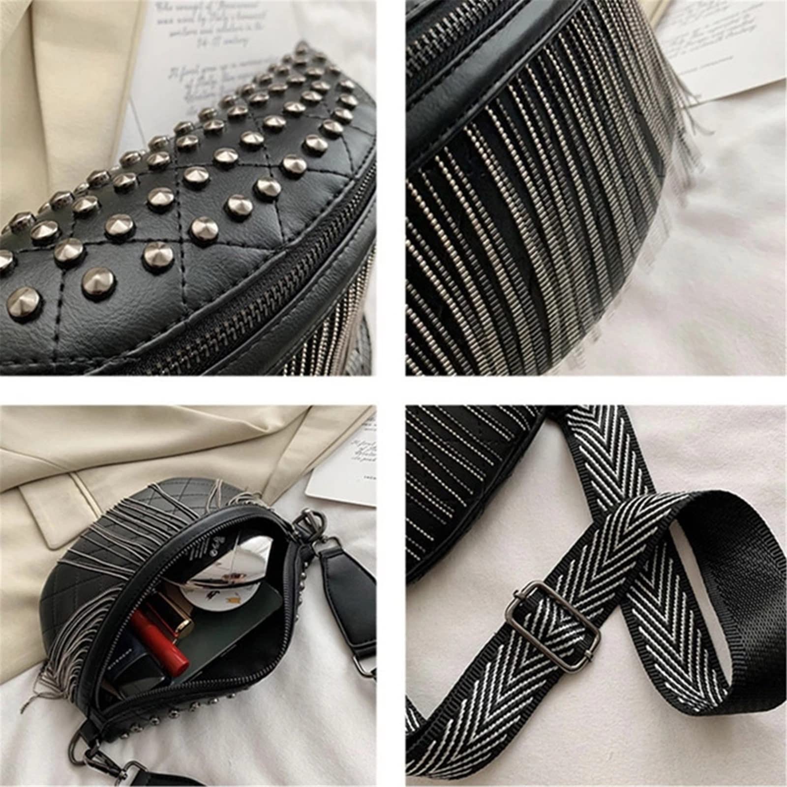 Punk nerka nit frędzel torba na klatkę piersiową dla kobiet damska torba punkowa bananowa torba crossbody torebka motocyklowa torba na nogę, Czarny, 24X7.5X14cm