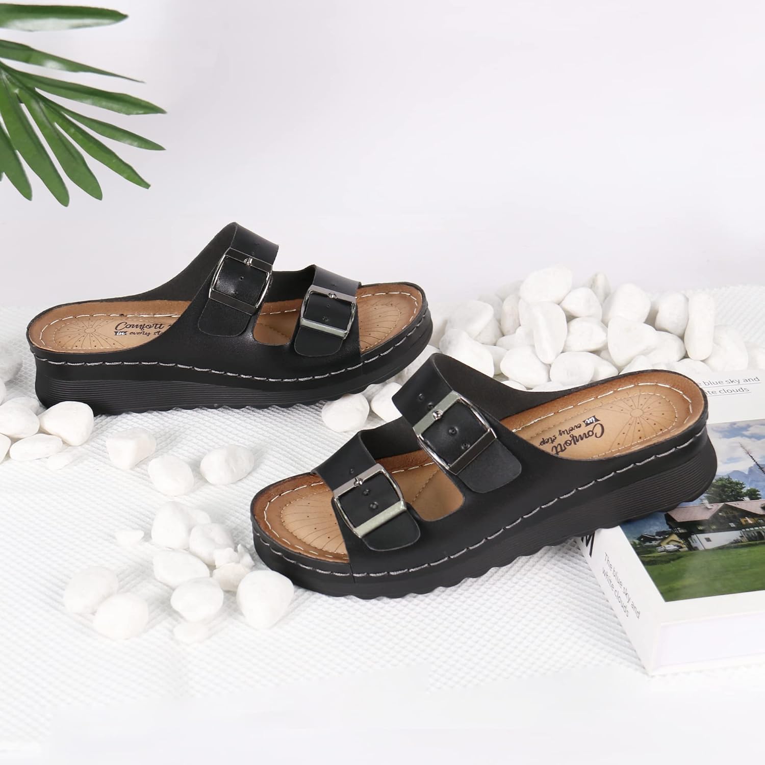 Miniatura 5 de JABASIC Women Comfort Slides Sandals Double Buckle Adjustable Slip On Platform Sandal