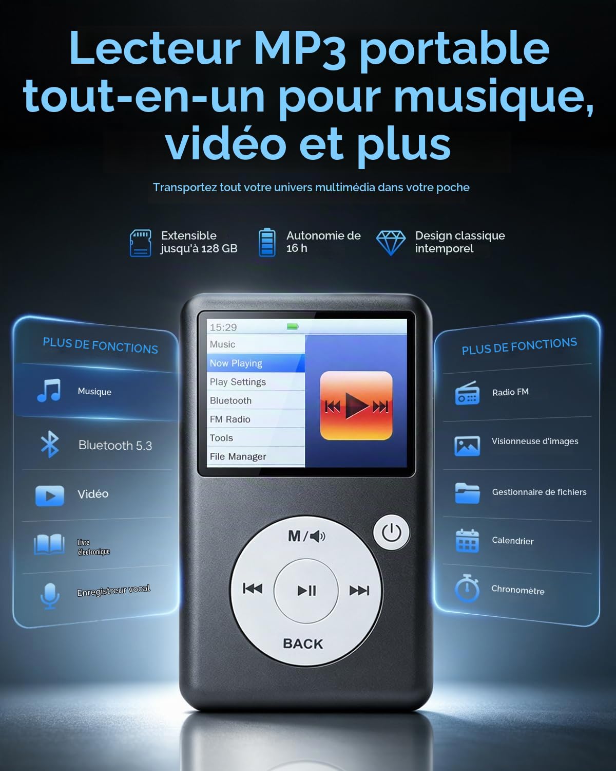 Lecteur MP3 Bluetooth 5.3 avec Radio FM, E-Book et Commandes tactiles
