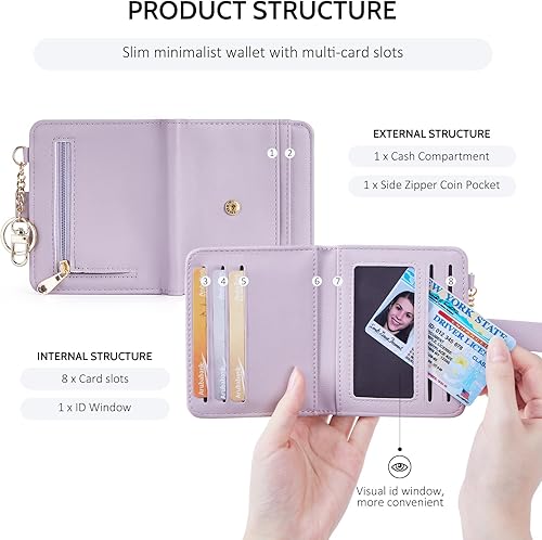 Miniatura 5 de POIUGOYA Billetera delgada para mujer, con bloqueo RFID, plegable, tarjetero con cremallera y bolsillo para monedas, ventana para identificación