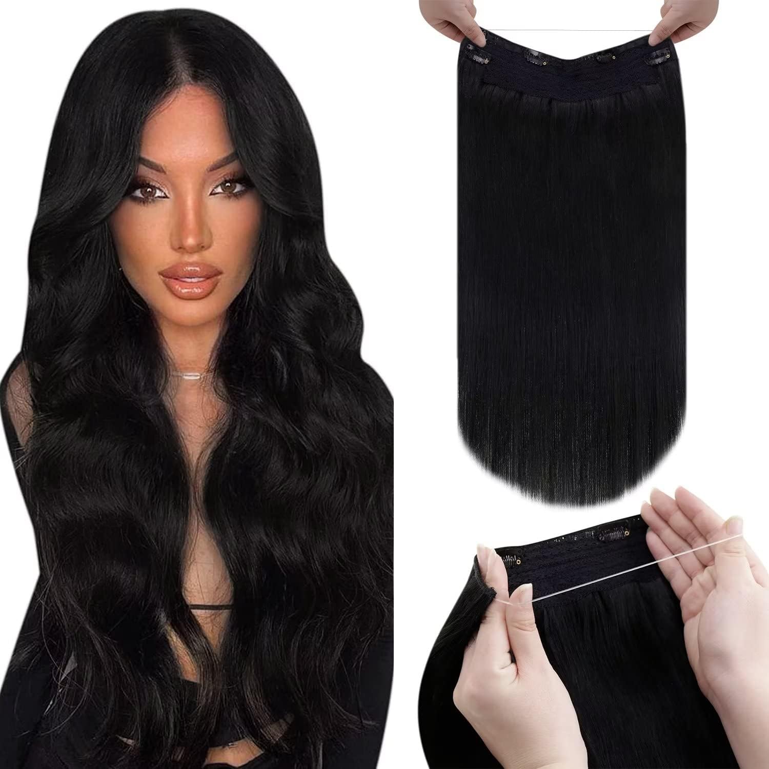 LaaVoo 20inch Black Fishing Line Hair Extensions Human Hair 100g Black