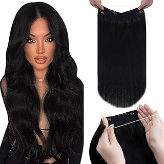 LaaVoo Invisible Wire Real Human Hair Extensions with Thread Black 18inch Fish Line Human Hair Extensions Jet Black Remy Hair Extensions with Wire Hair Extensions Human Hair Jet Black 80g