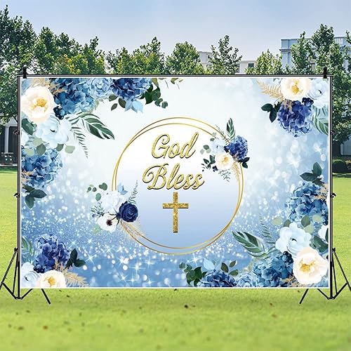 Miniatura 5 de Telón de fondo de 7 x 5 pies, decoración de primera comunión, flor azul, purpurina dorada, cruz, bautizo, fiesta, pastel, decoración de mesa,