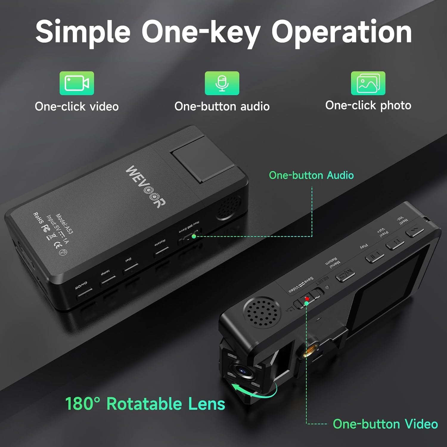Caméra de Corps 1296P 32G, 4260mAh 20H Caméra Corporelle Video avec Audio, Objectif Rotatif à 180°, Wevoor Mini Pocket Boycam Police Portable avec 360° Clip Vision Nocturne pour Extérieur/Voyages