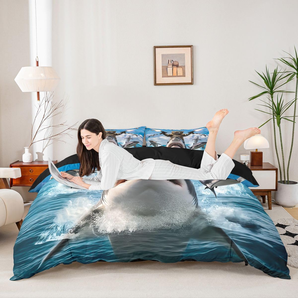 Homewish Szary Czarny Szop Podwójna Pościel Pod Morzem Rekin Zwierzęta Zestaw Poszwa Na Kołdrę Niebieski Ocean Fale Poszewka Na Kołdrę Zwierzęta Kawaii Śliczne Zestawy Łóżek