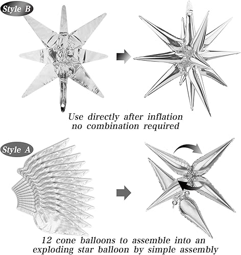 Miniatura 3 de Moukiween 6 globos de papel de aluminio de estrella de explosión, globos de estrella de 12 puntos, globos de Mylar de cono de estrella plateados,