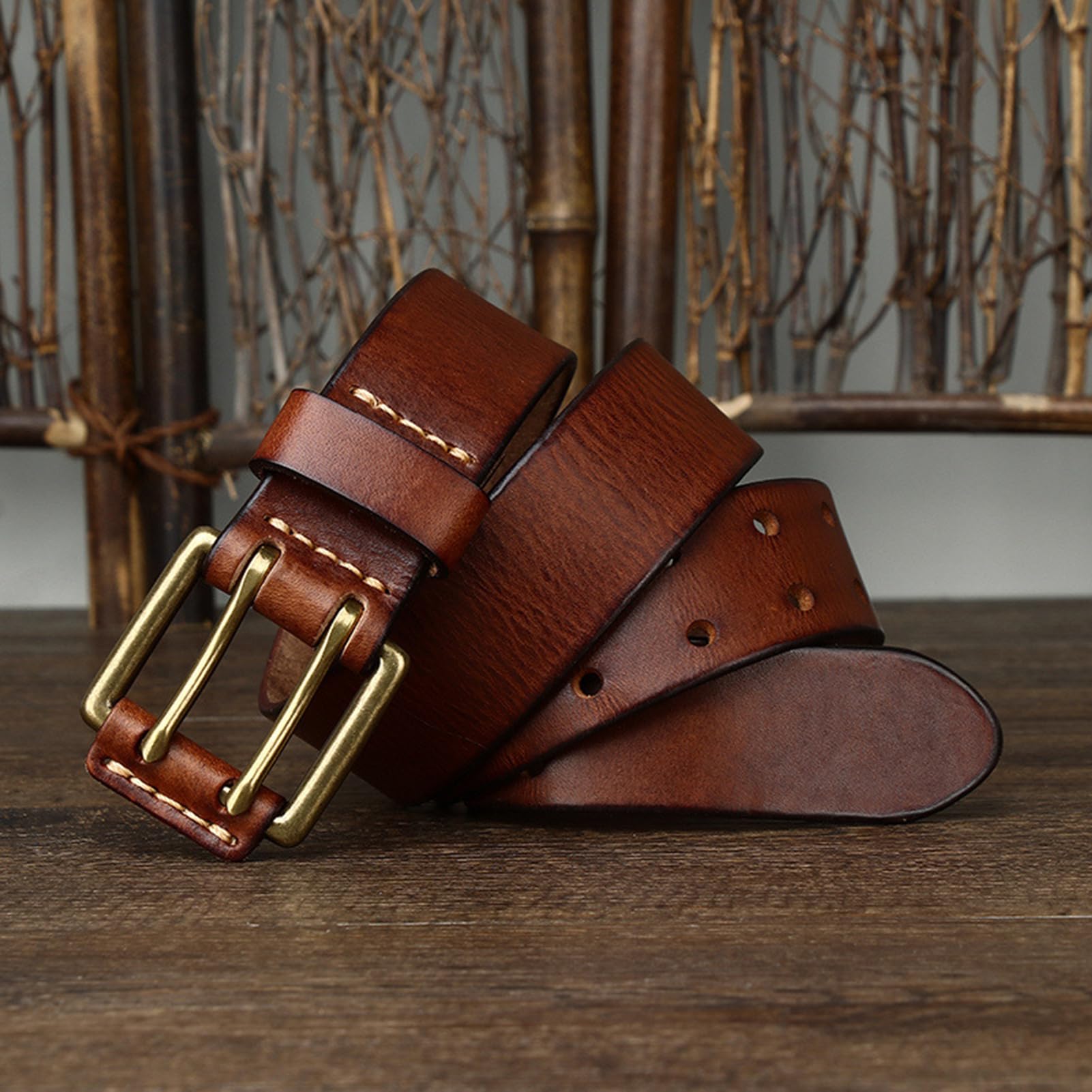 Générique Fait Main Ceinture en Jean Largeur 3,8cm, épaisseur 4mm Sangle en Cuir De Vachette Boucle Ardillon à Double à Rouleau Dorée en Cuir(105cm/41, Brown)