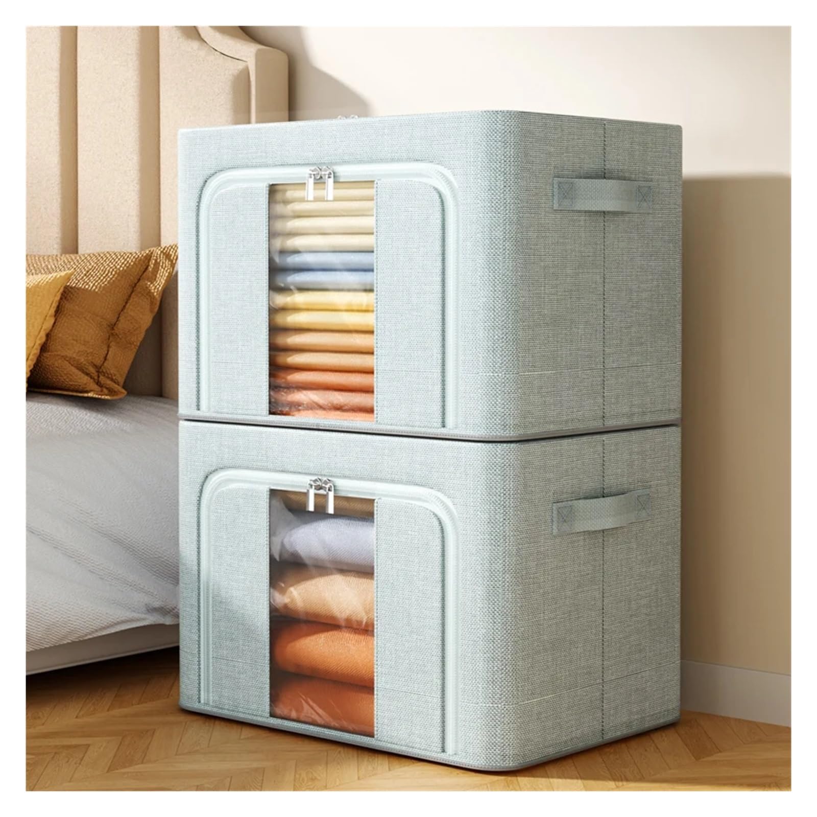 Bolsa de Almacenamiento Caja de almacenamiento de mantas plegable de tela Oxford for armario de dormitorio con ventana transparente y cremallera bidireccional Para Guardar Ropa, Edredones, Mantas(Grey