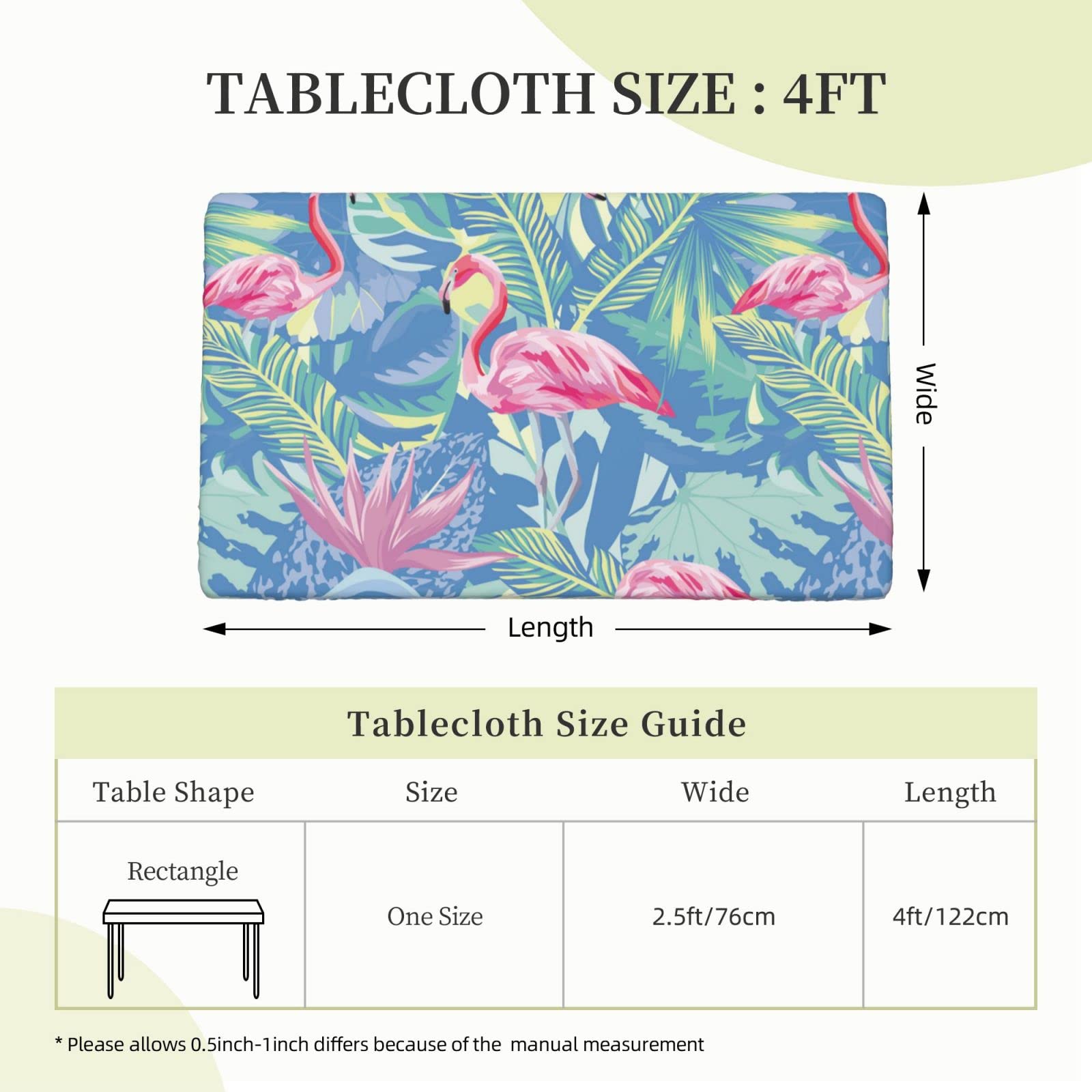 Rectangle Tablecloth Flamingo Tropical Style Fitted Elastic Edged Waterproof Wipeable Table Cloth Cover Decorations 4 FT Table Pad Cover for lndoor Outdoor