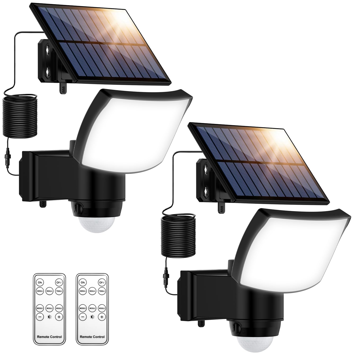 BENMA Lot de 2 lampes solaires d'extérieur avec télécommande - Avec détecteur de mouvement - 3000/5000/7000 K - 3 modes d'éclairage - Étanche IP65