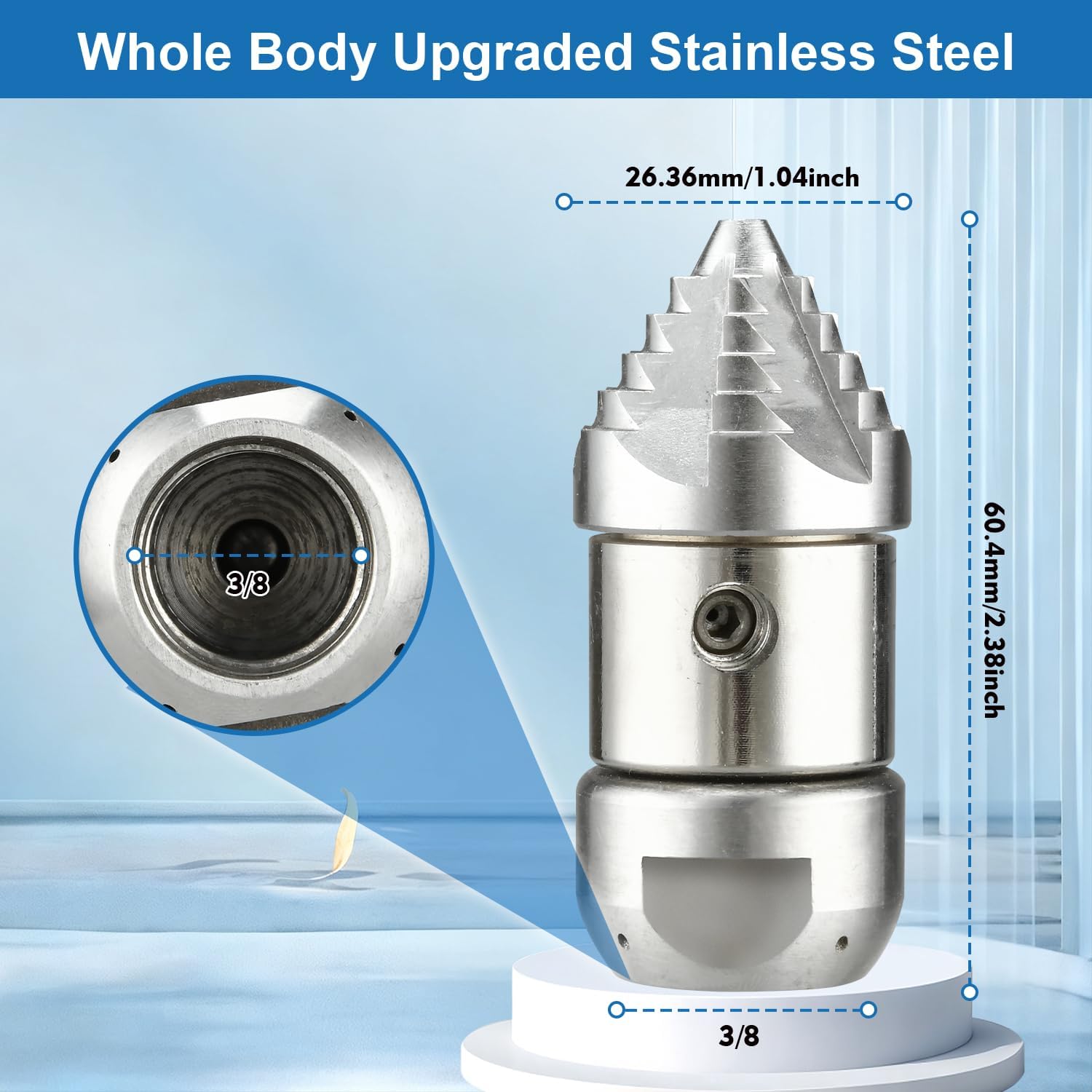 3/8 npt Sewer Jetter Nozzle for 2900 PSI, 40 L/min Pressure Washer - Stainless Steel, 360°Quickly Rotating for Municipal Drain Pipe Cleaning(Small Size)