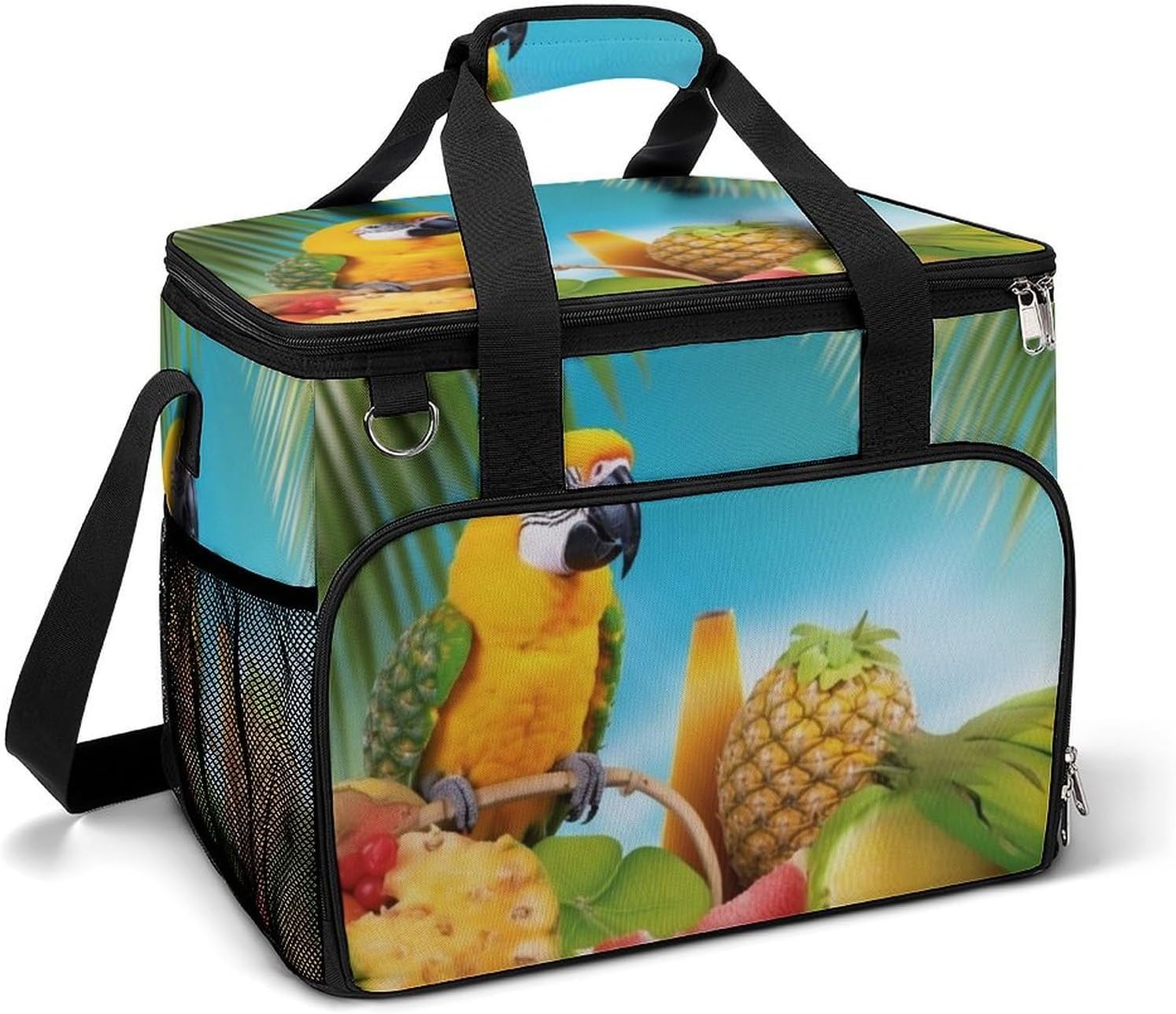 Large Capacity Oxford Cloth Summer Parrot Pineapple Birds Printed Camping Ice Bag, Outdoor Portable Insulation and Cooling Bag, Suitable for Outdoor Camping and Picnics